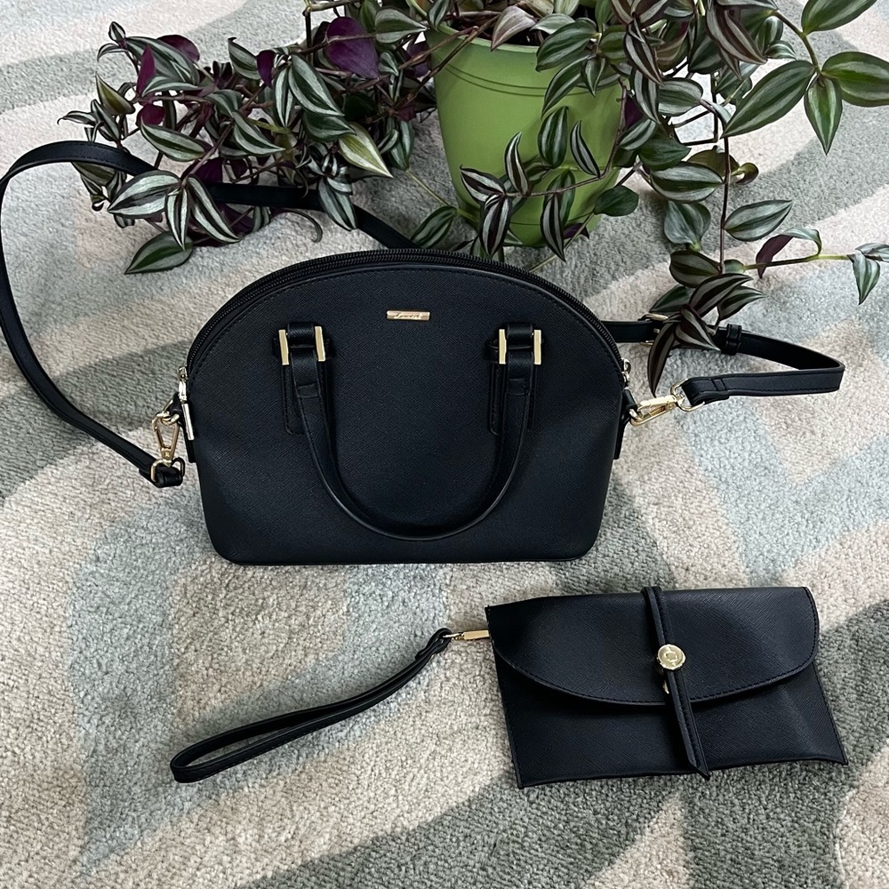 Black purse with strap, gold hardware + matching envelope clutch